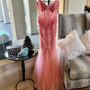 Jovani Size 2 Salmon Sheer Corset Mermaid Prom Dress